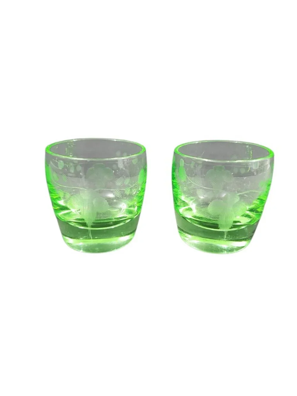 Vtg Uranium Vaseline Glass Shot Glasses Wheel Cut Etched Floral Pattern 1 3/4